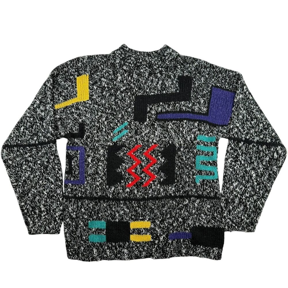 Vintage 80s Memphis Graphic Sweater Black White Medium Thoroughbreds by Pronto